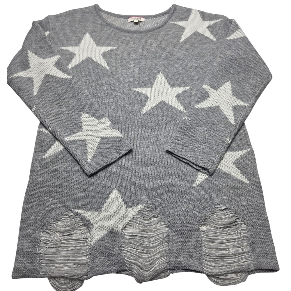 Andree by Unit Womens Gray Star Print Distressed Shredded Hem Sweater L 16743